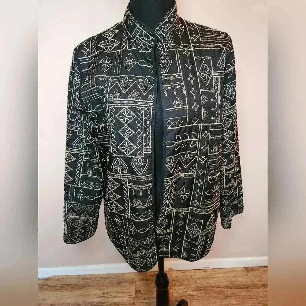 Alfred‎ Dunner Jacket Cardigan Embroidered  Quilted Black Womens Size 8